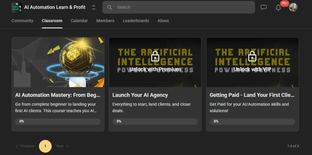Skool classroom showing course catalogue