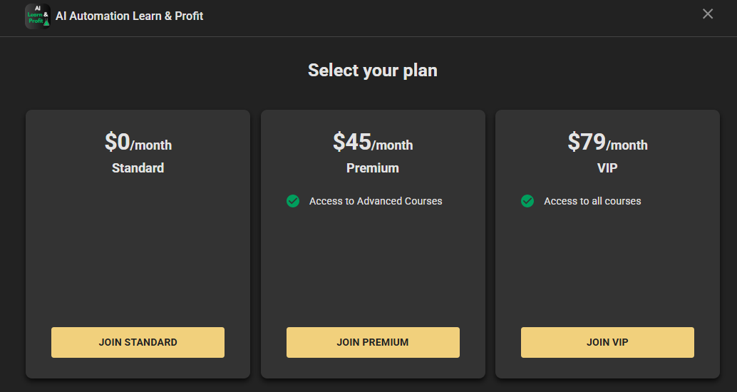 Skool plan selection showing $0 Standard, $45 Premium, $79 VIP